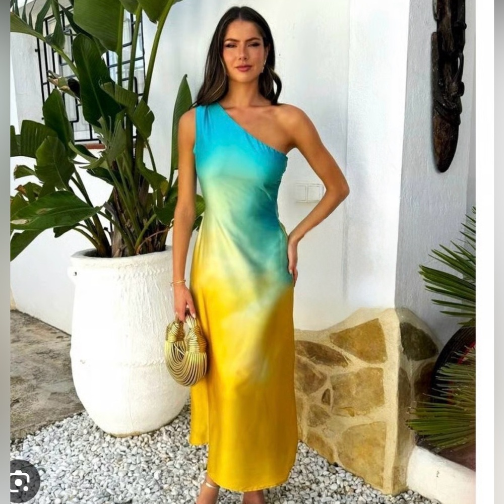 ZARA One-Shoulder Ombre Satin Midi Dress | Size XS | Blogger Favorite 💙💚